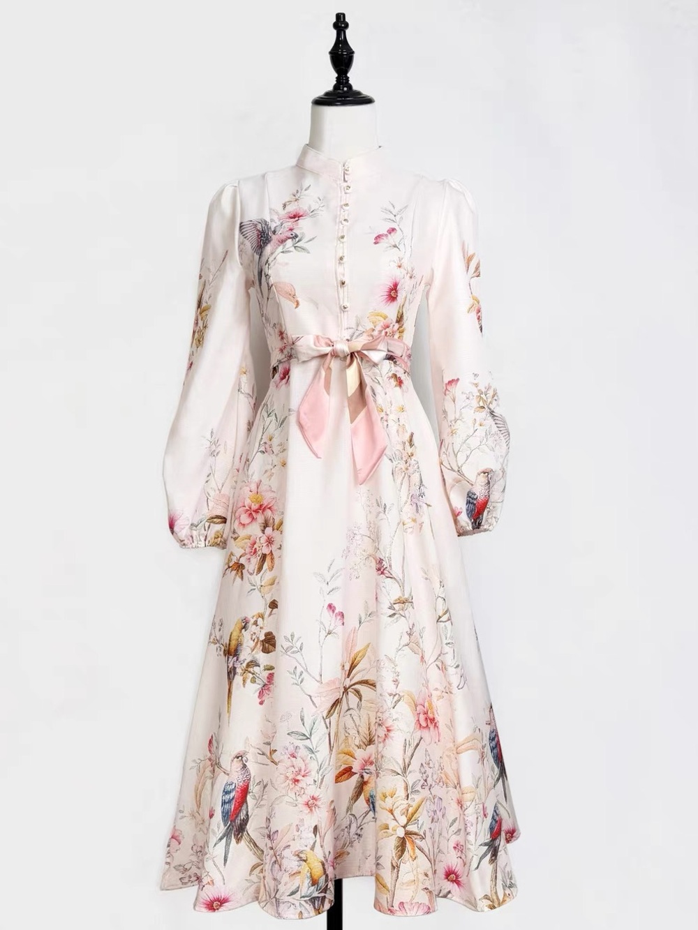 Elegant Floral Midi Dress with Pink Bow